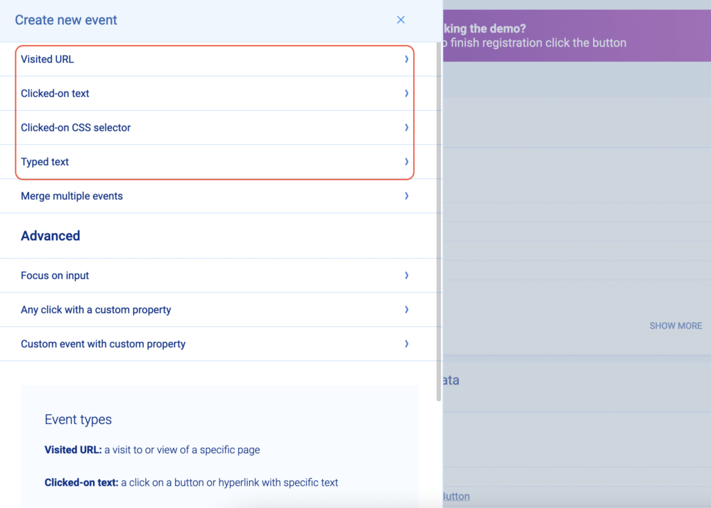 Create new event: Visited URL, Clicked-on text, Clicked-on CSS selector, Typed text