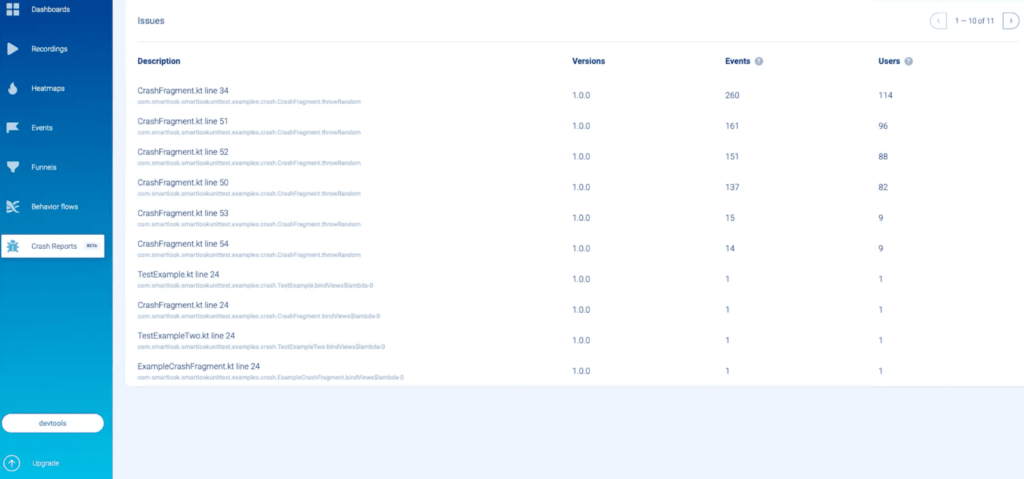 Smartlook crash report.