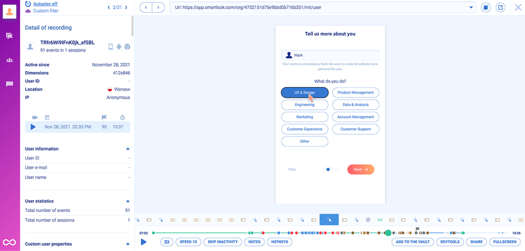 session recording of a user navigating an onboarding tutorial.