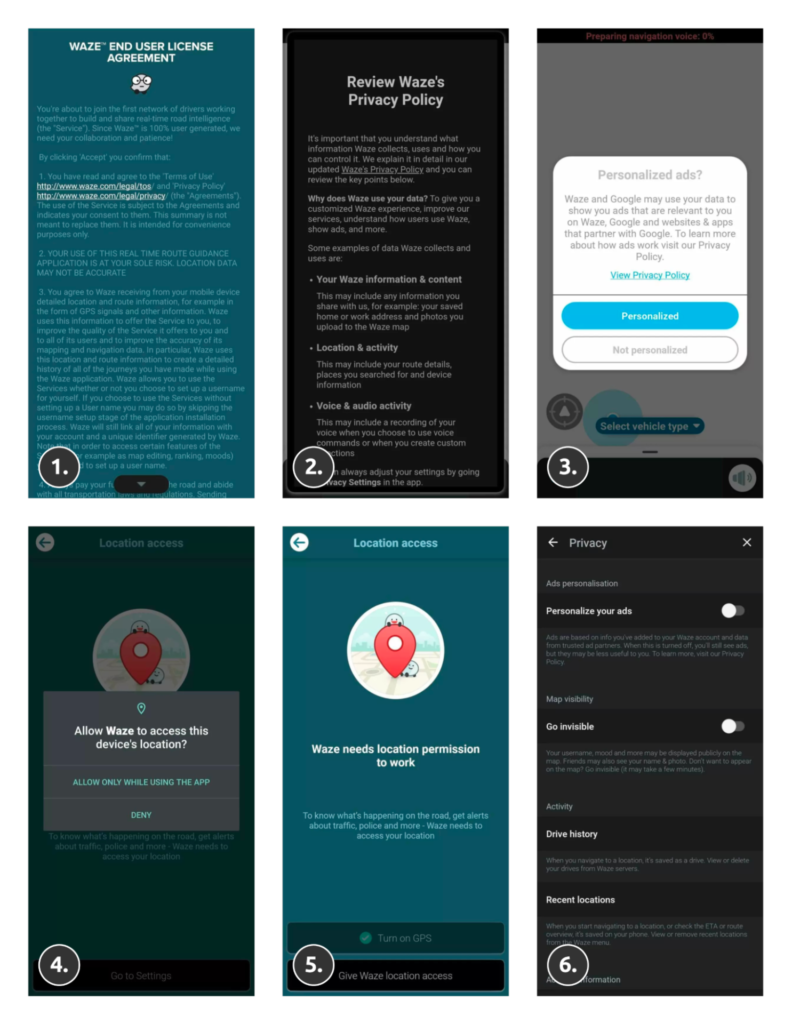 screenshots from waze app with their privacy policy and consent boxes on mobile