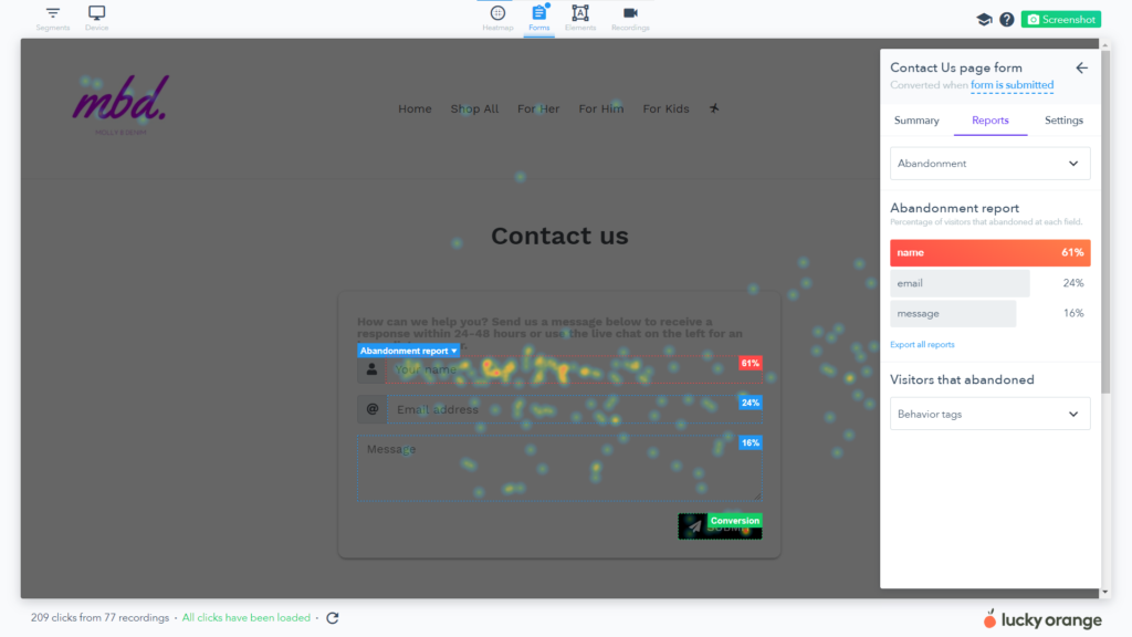 Lucky Orange Abandonment Report: Name, Email, Message