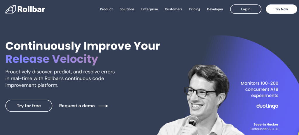 Rollbar homepage: Continuously Improve Your Release Velocity.