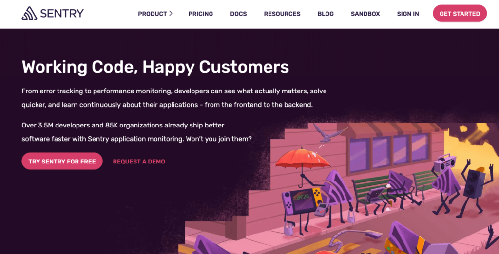 Sentry homepage: Working Code, Happy Customers.